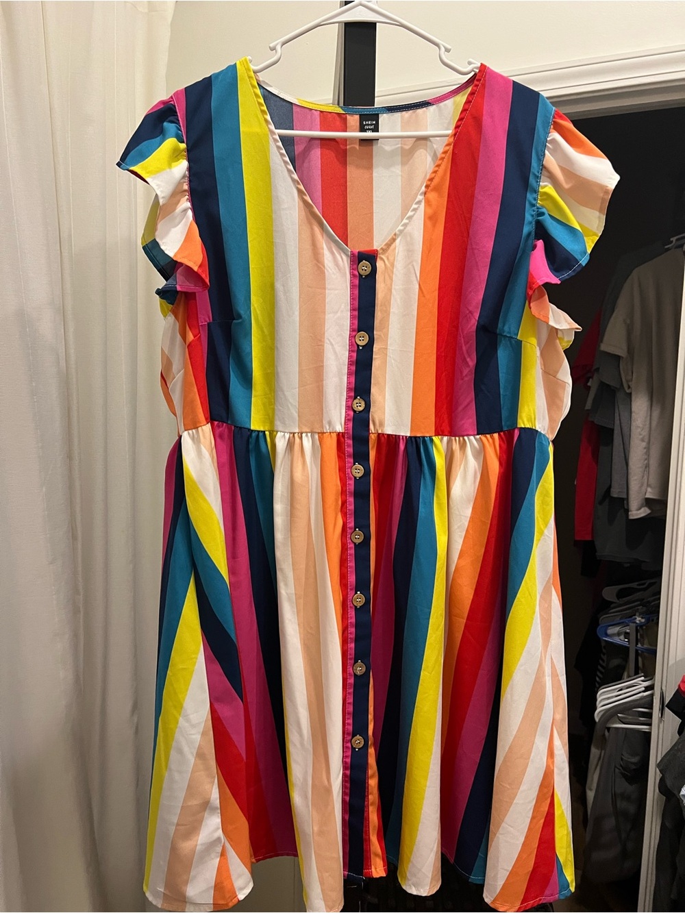 SHEIN Bright Multi-Stripe Women's Button-Front Dress